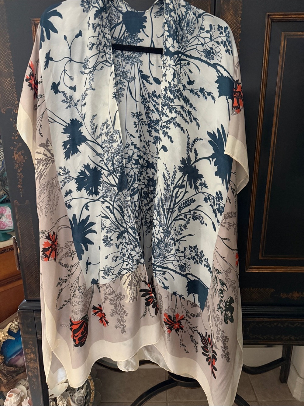 Sheer Kimono Cover-Up in Cream, Navy & Orange exquisite washable lightweight - Picture 5 of 17